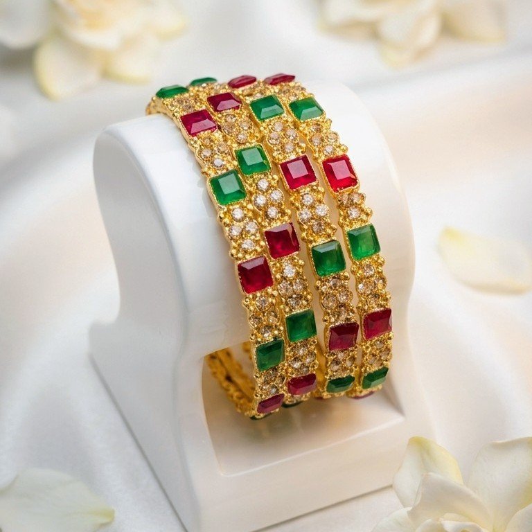 Royal Gold Plated Red & Green Stone Bangles Set - Traditional Indian Pakistani Bridal Churi Set with AD Zirconia